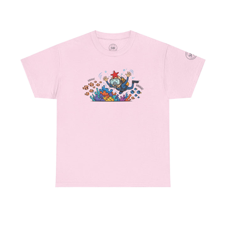 Light pink t-shirt by S&amp;W Gallus featuring a scuba diver, coral reef, and fish cartoon graphic.