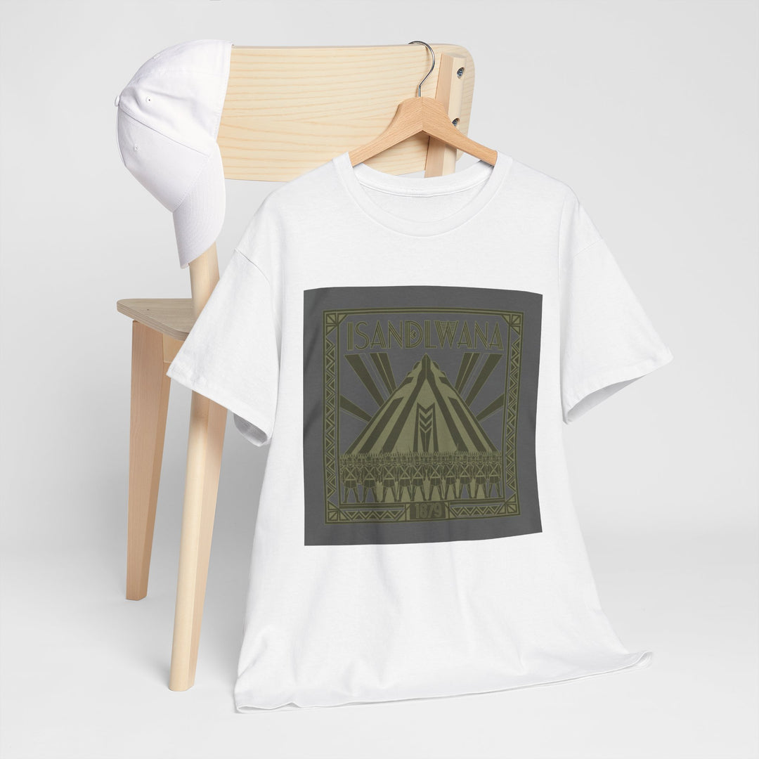 Isandlwana Festival Tee featuring bold “M” pyramid graphic. Outdoor music shirt inspired by iconic landscape vibes.