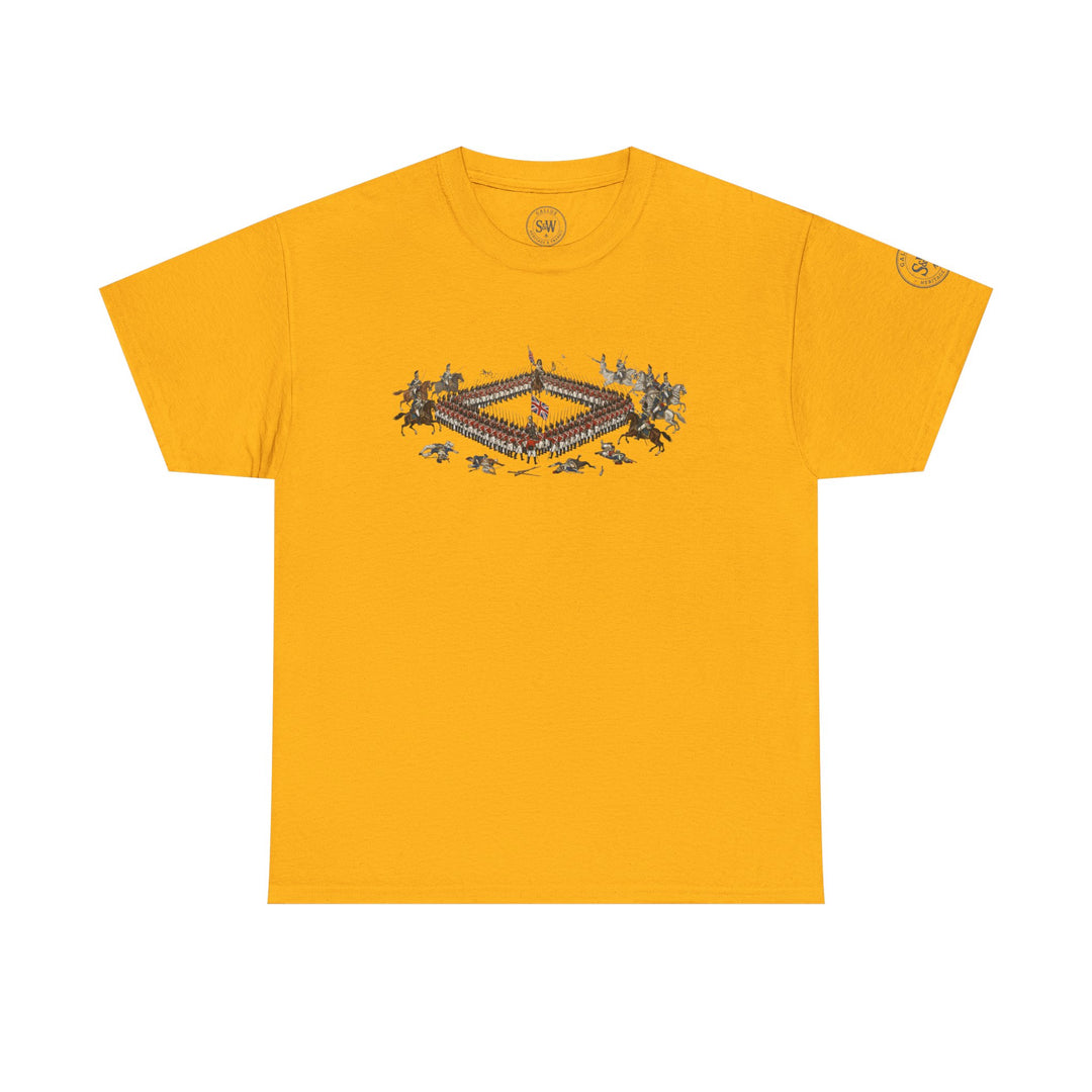 Gold t-shirt by S&amp;W Gallus with a graphic of the Battle of Waterloo on the chest.