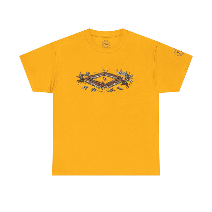 Gold t-shirt by S&amp;W Gallus with a graphic of the Battle of Waterloo on the chest.