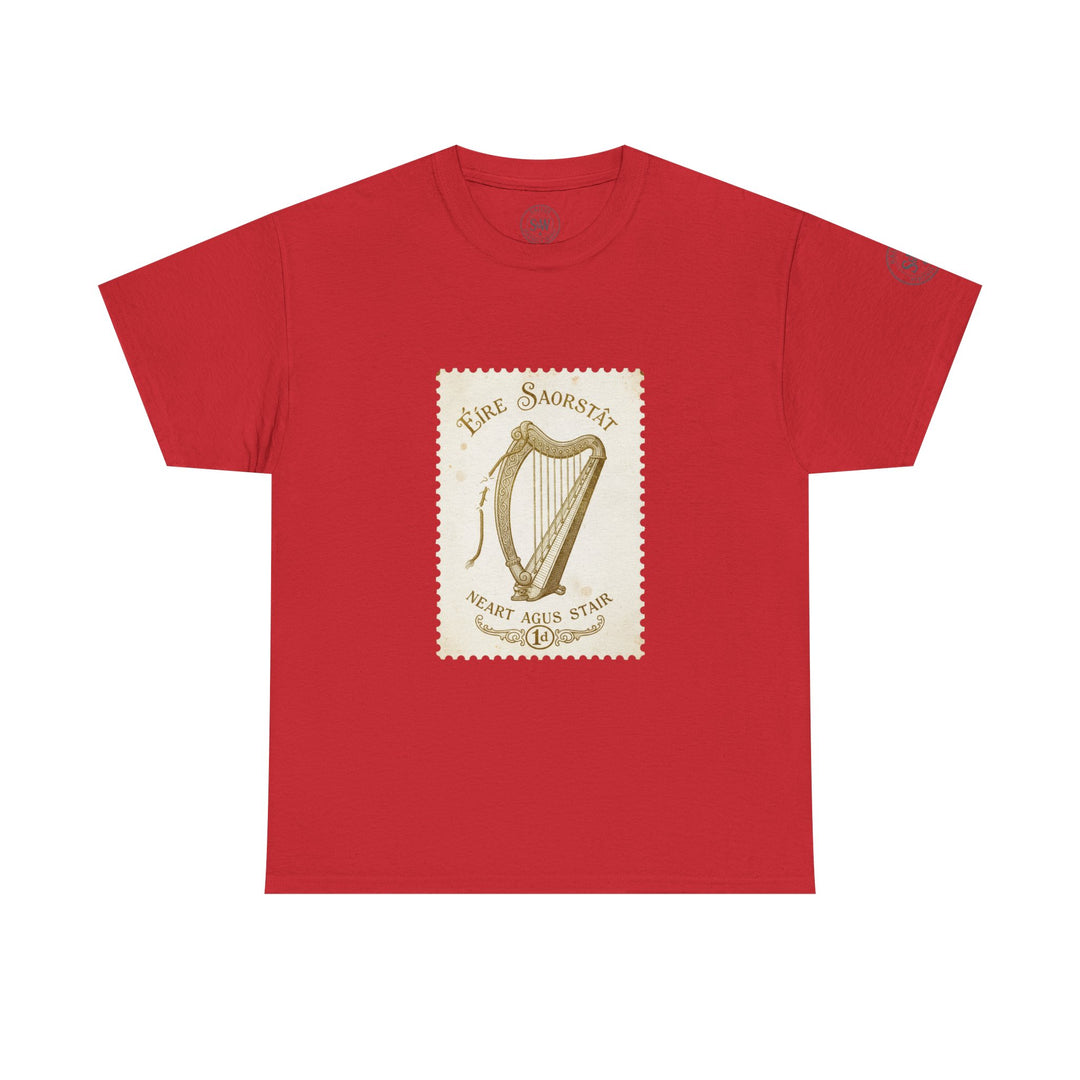 Red T-shirt by S&amp;W Gallus with a vintage Irish harp stamp graphic on the chest.