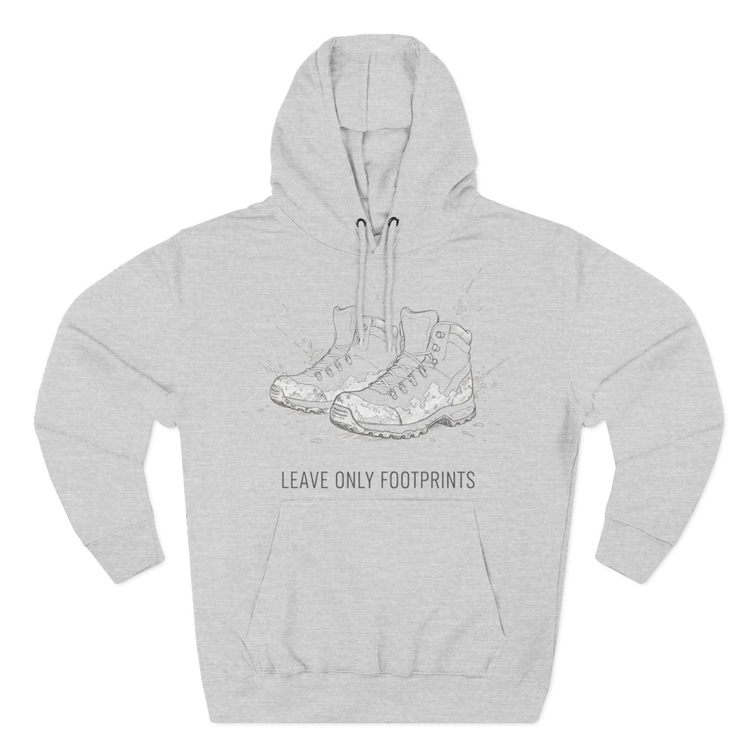 Gray hoodie by S&amp;W Gallus featuring graphic hiking boots and the phrase "leave only footprints".