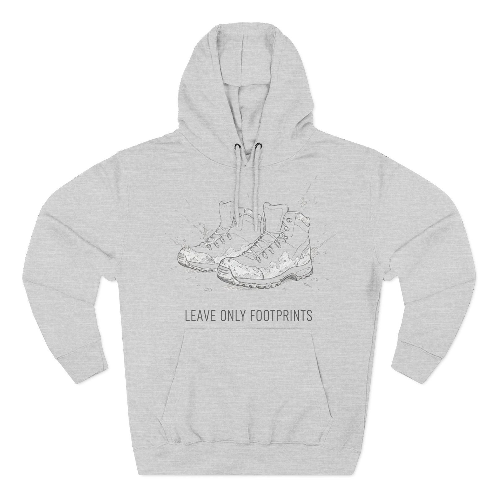 Gray hoodie by S&W Gallus featuring graphic hiking boots and the phrase "leave only footprints".