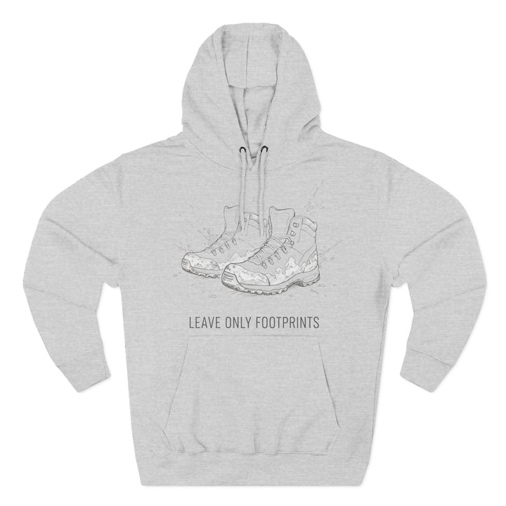 Gray hoodie by S&amp;W Gallus featuring graphic hiking boots and the phrase "leave only footprints".
