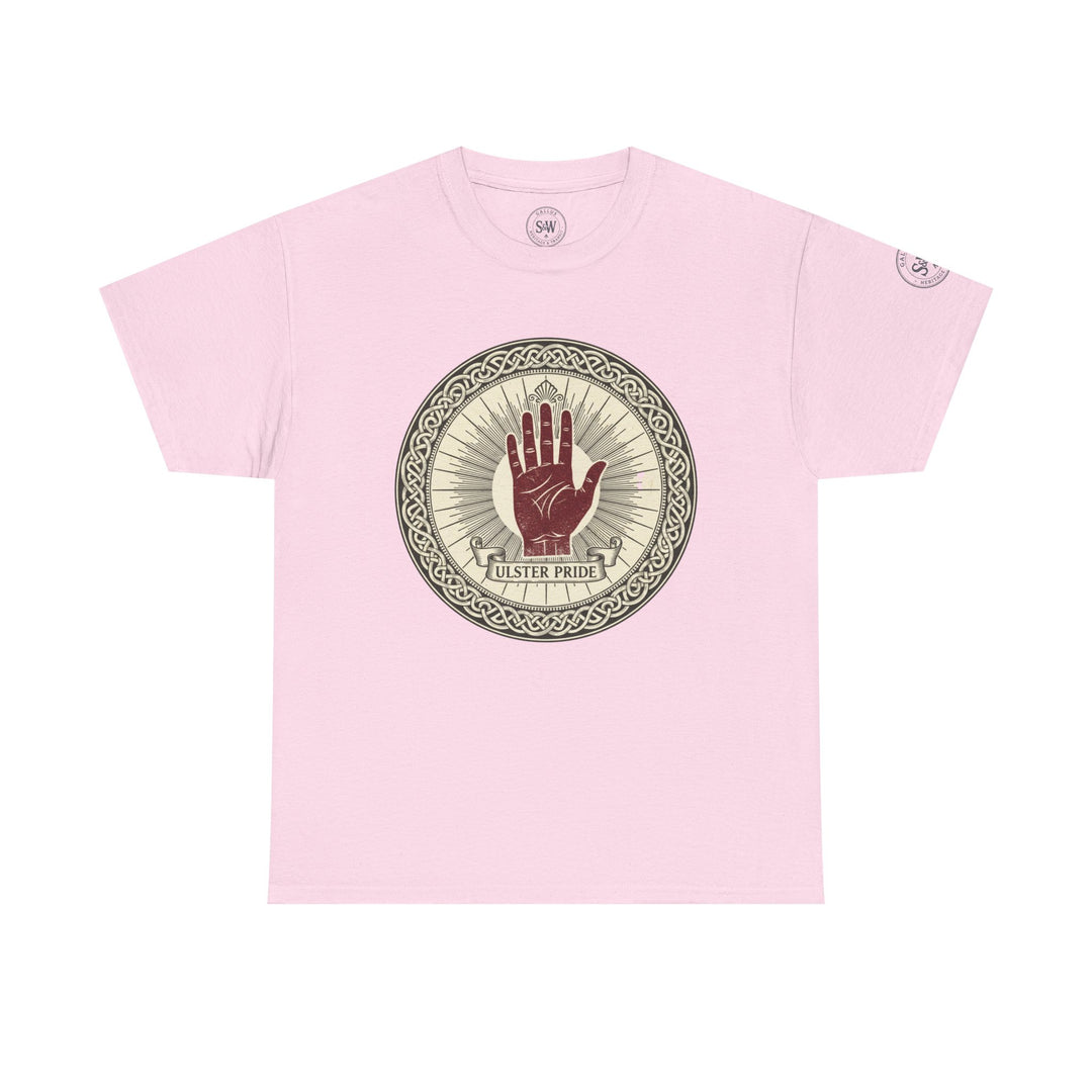 Pink T-shirt by S&amp;W Gallus, featuring Ulster Pride hand emblem in a circular design.