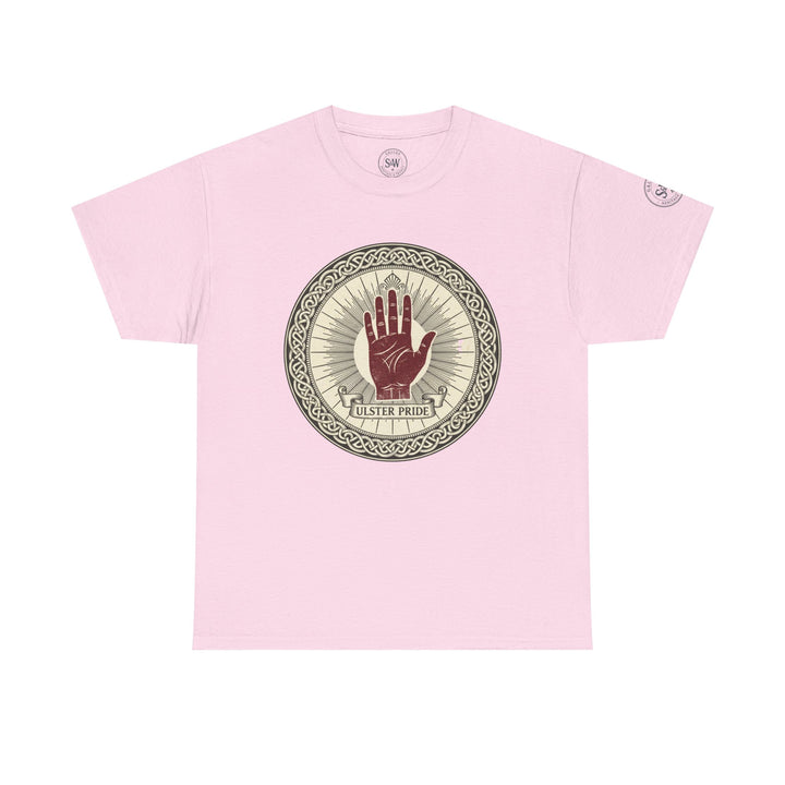 Pink T-shirt by S&amp;W Gallus, featuring Ulster Pride hand emblem in a circular design.