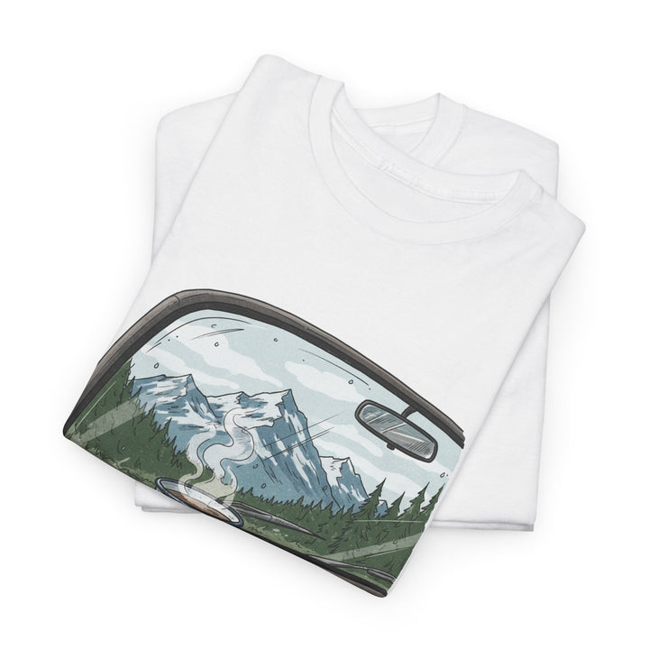 Van Roadtrip View T-Shirt featuring a scenic travel-inspired design. Soft cotton comfort perfect for van life, road trips, and outdoor adventures.