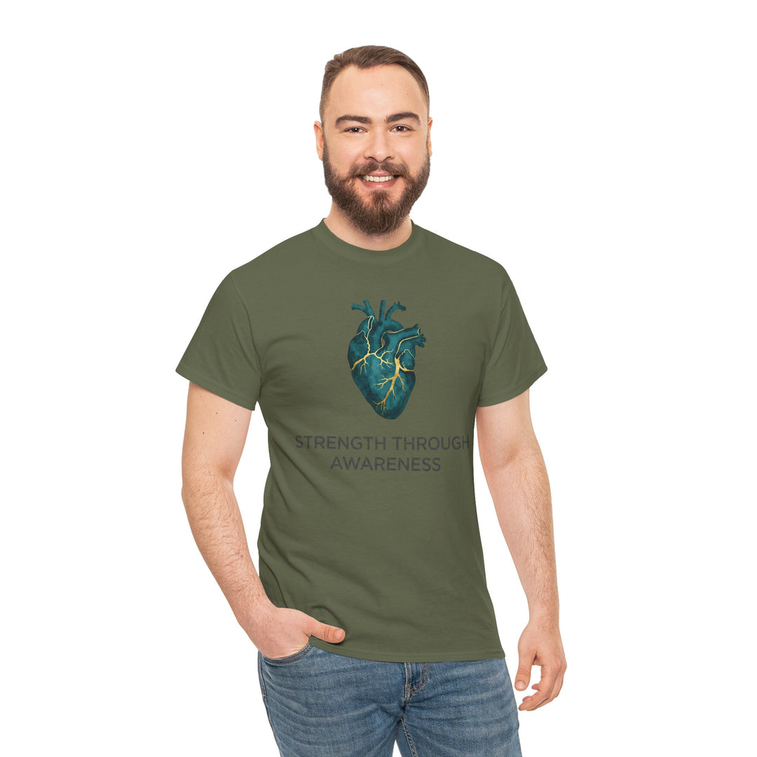 Olive green t-shirt with heart graphic by Veteran owned, featuring "Strength Through Awareness" text, worn with jeans.