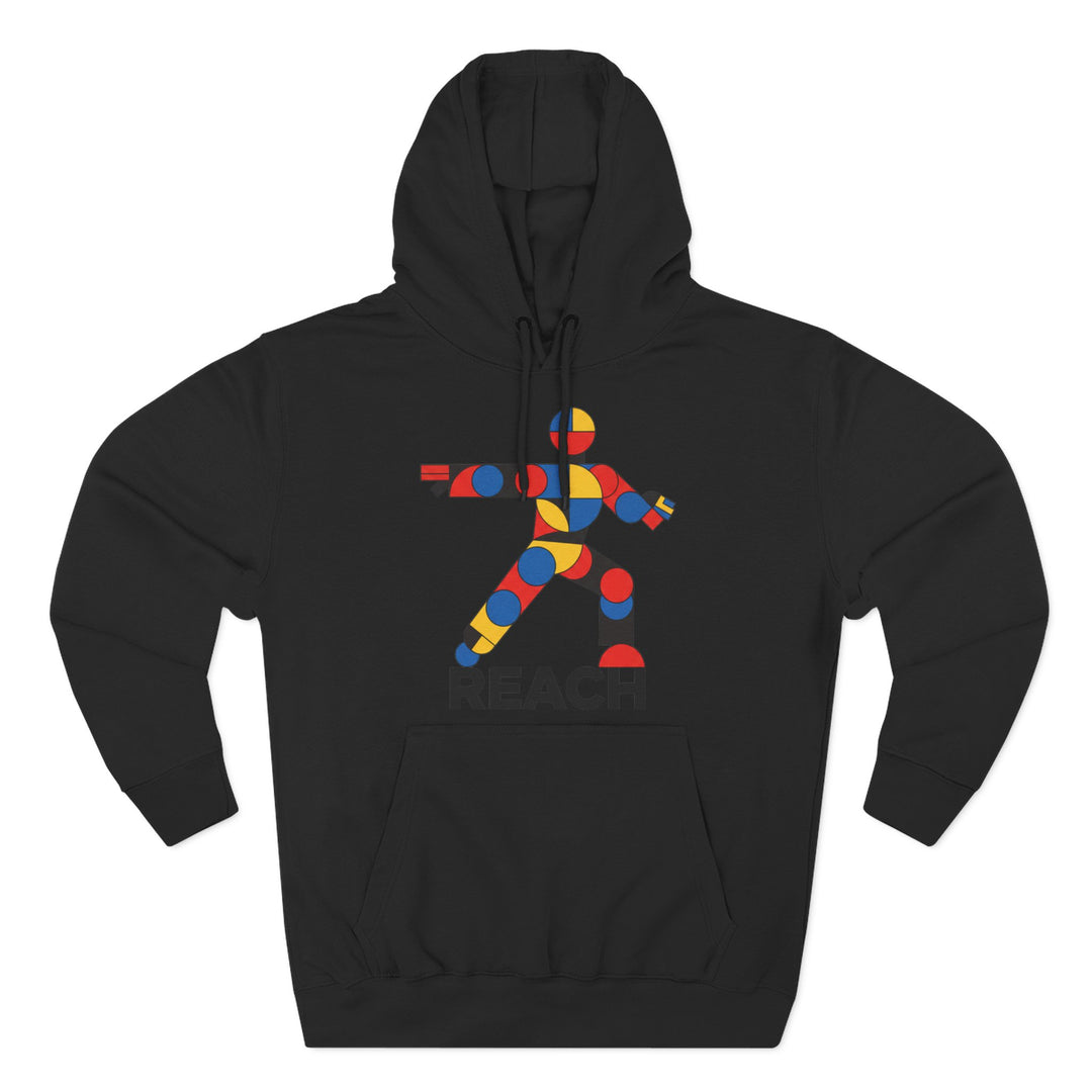 Black flexible hoodie by S&amp;W Gallus featuring a geometric figure logo with primary color accents.