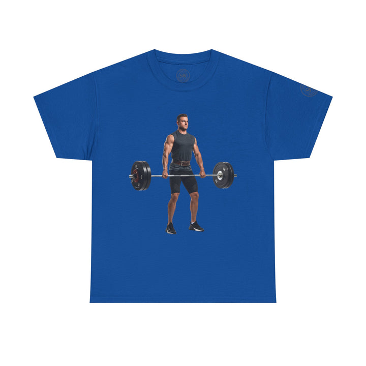 Blue graphic t-shirt by S&amp;W Gallus, featuring a weightlifter holding a barbell on the front.