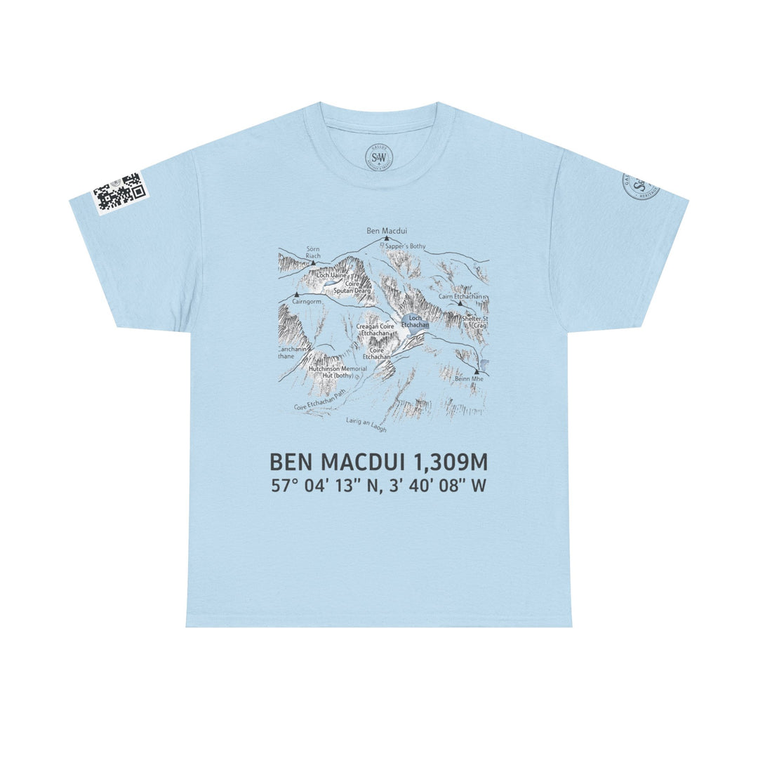 Light blue t-shirt with a mountain graphic by S&amp;W Gallus, featuring a QR code detail.