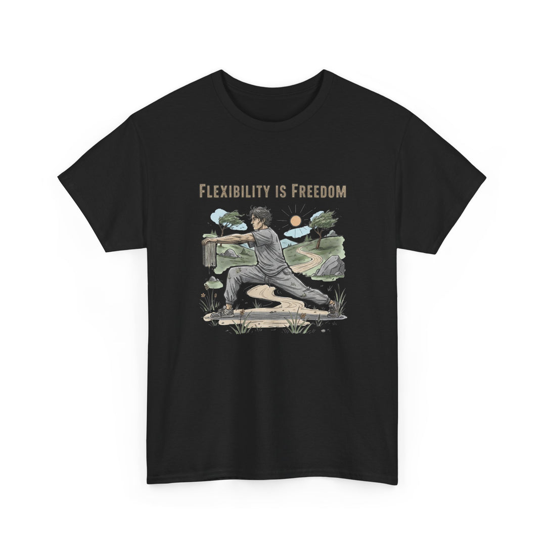 Flexibility Is Freedom Tee – soft, breathable cotton featuring a motivational design. Perfect for yoga, Pilates, stretching, or casual active lifestyle wear.