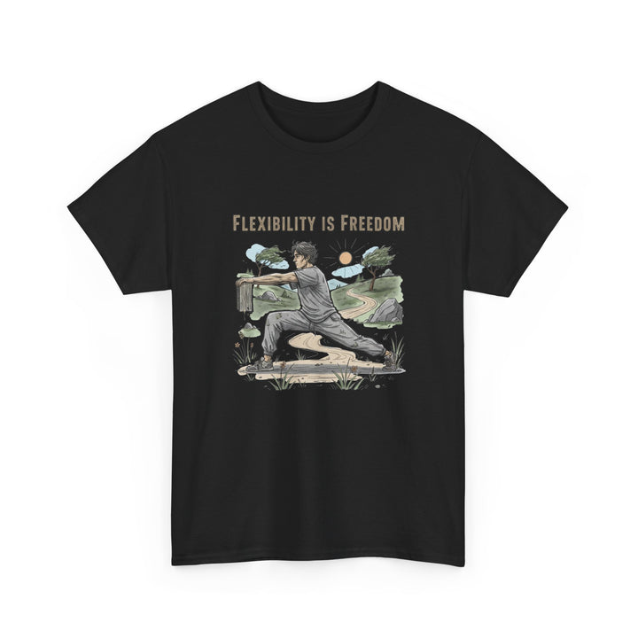 Flexibility Is Freedom Tee – soft, breathable cotton featuring a motivational design. Perfect for yoga, Pilates, stretching, or casual active lifestyle wear.