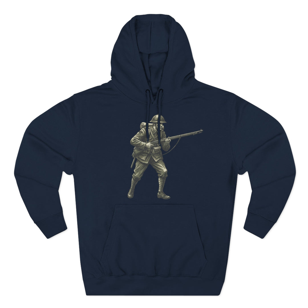 Navy hoodie by S&amp;W Gallus featuring an illustration of a World War 1 soldier.