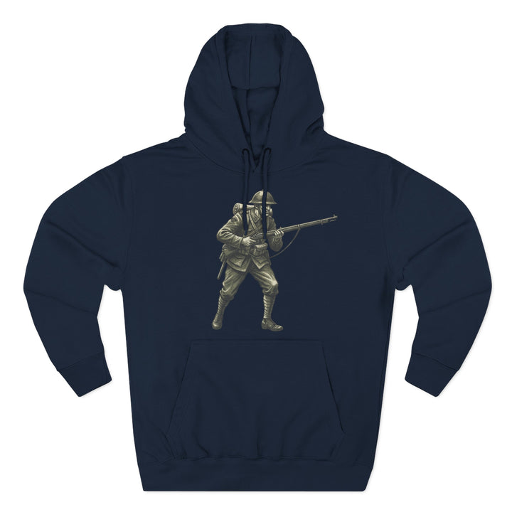 Navy hoodie by S&amp;W Gallus featuring an illustration of a World War 1 soldier.