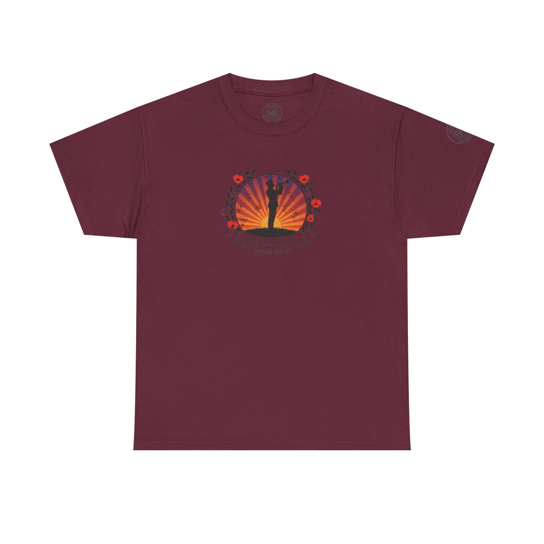 Burgundy t-shirt by S&amp;W Gallus featuring the Last Post design with a wreath and silhouette of a bugler.