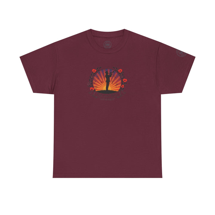 Burgundy t-shirt by S&amp;W Gallus featuring the Last Post design with a wreath and silhouette of a bugler.