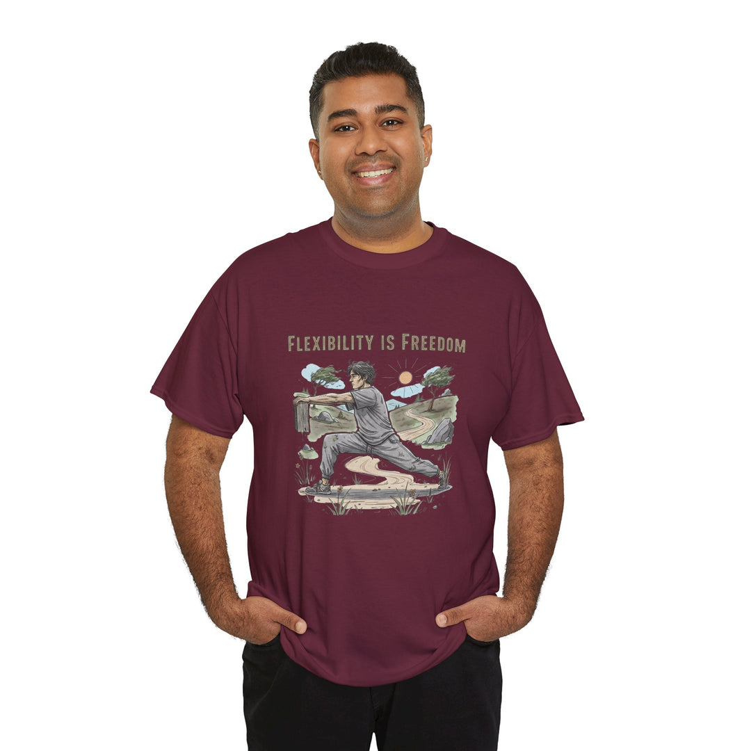 Flexibility Is Freedom Tee – soft, breathable cotton featuring a motivational design. Perfect for yoga, Pilates, stretching, or casual active lifestyle wear.
