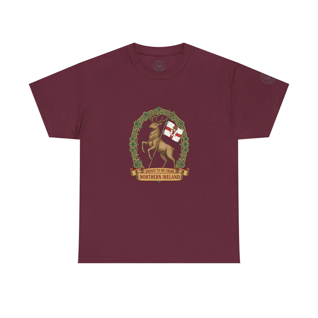 Burgundy Northern Ireland t-shirt by S&amp;W Gallus featuring a stag emblem and country flag.