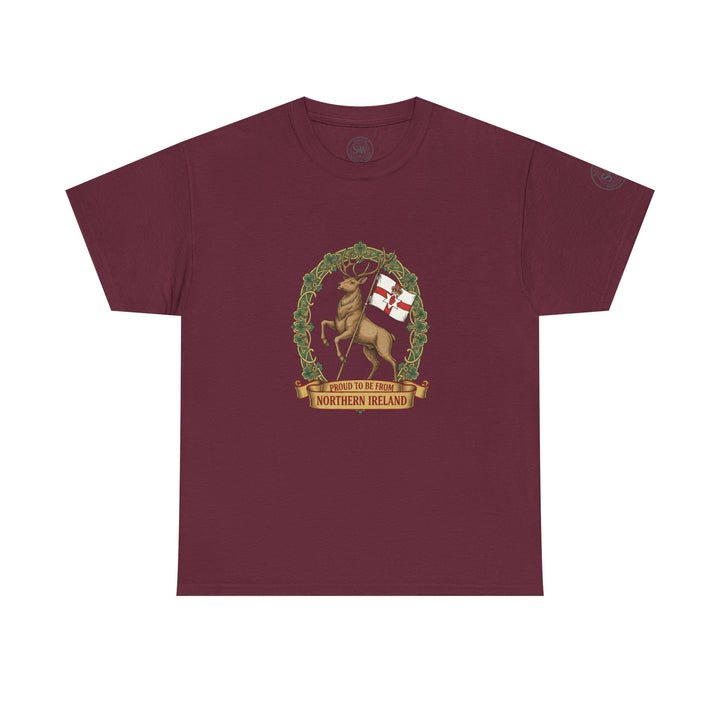 Burgundy Northern Ireland t-shirt by S&amp;W Gallus featuring a stag emblem and country flag.
