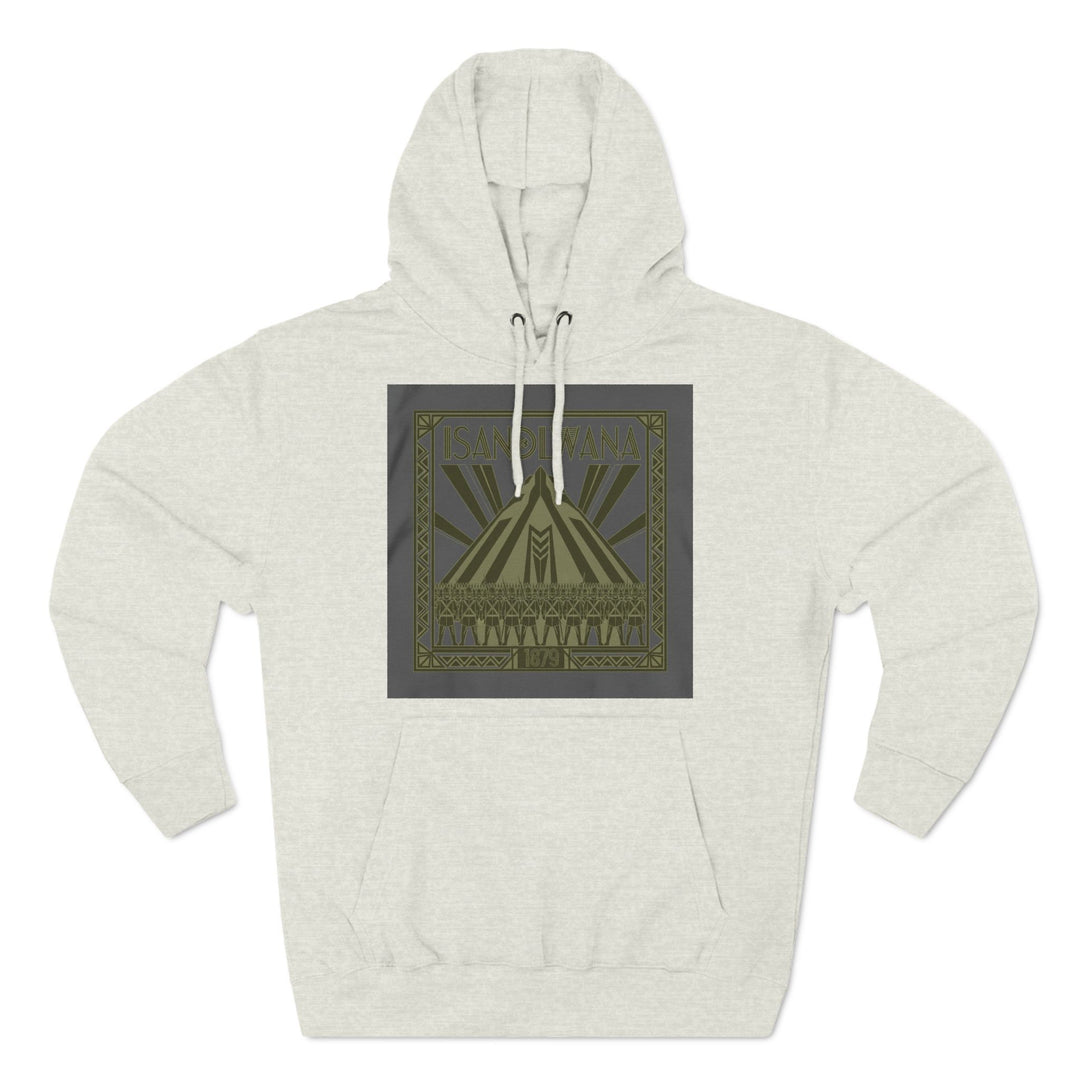 Heather gray hoodie by S&amp;W Gallus featuring a vintage design with the Isandlwana mountain and Zulu warriors graphic.