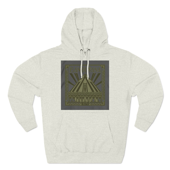 Heather gray hoodie by S&amp;W Gallus featuring a vintage design with the Isandlwana mountain and Zulu warriors graphic.