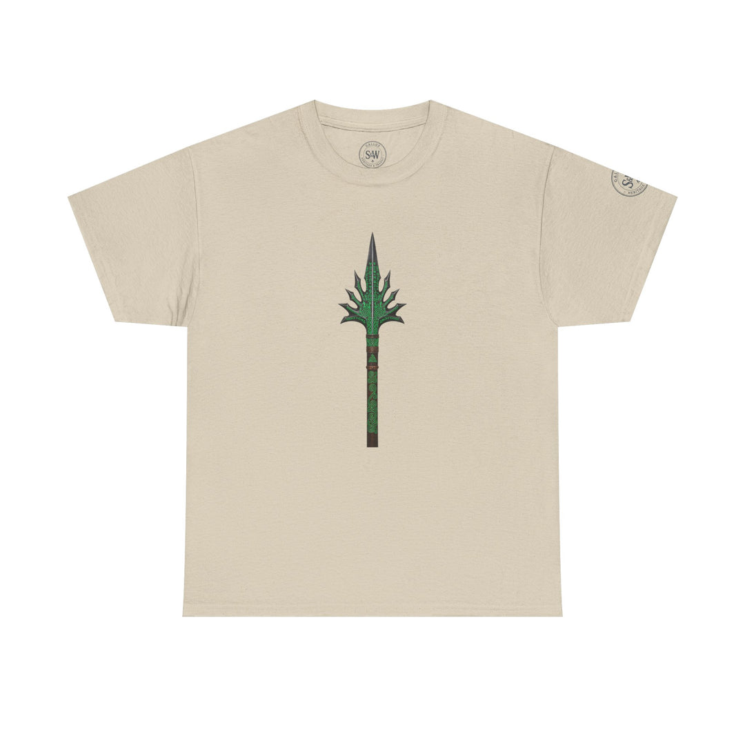 Beige t-shirt by S&amp;W Gallus with a green spear graphic on the chest.