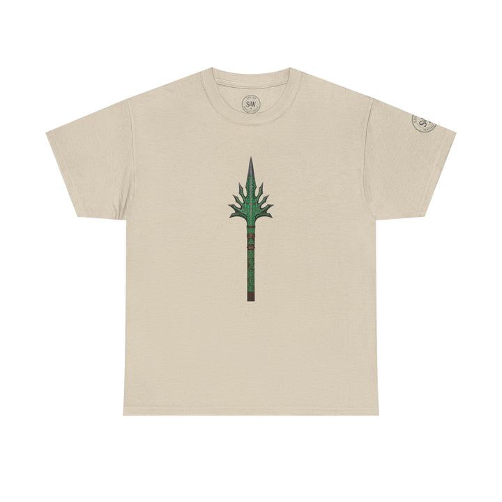 Beige t-shirt by S&amp;W Gallus with a green spear graphic on the chest.