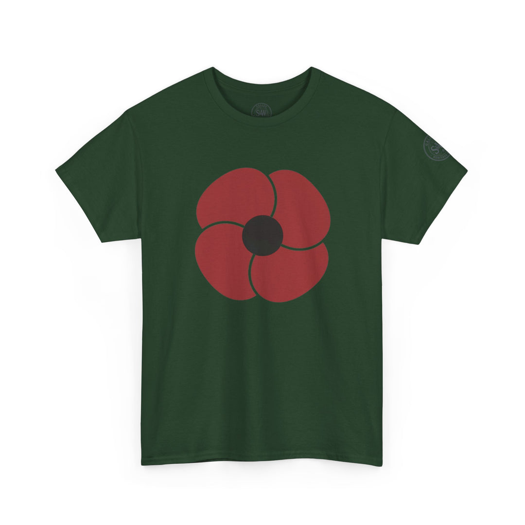Forest green t-shirt by S&amp;W Gallus with a red poppy design at the chest.