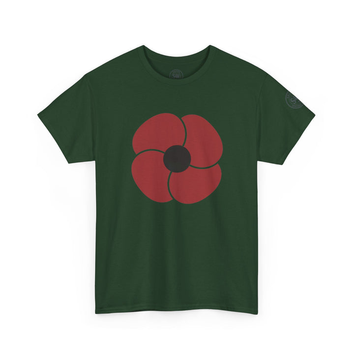 Forest green t-shirt by S&amp;W Gallus with a red poppy design at the chest.