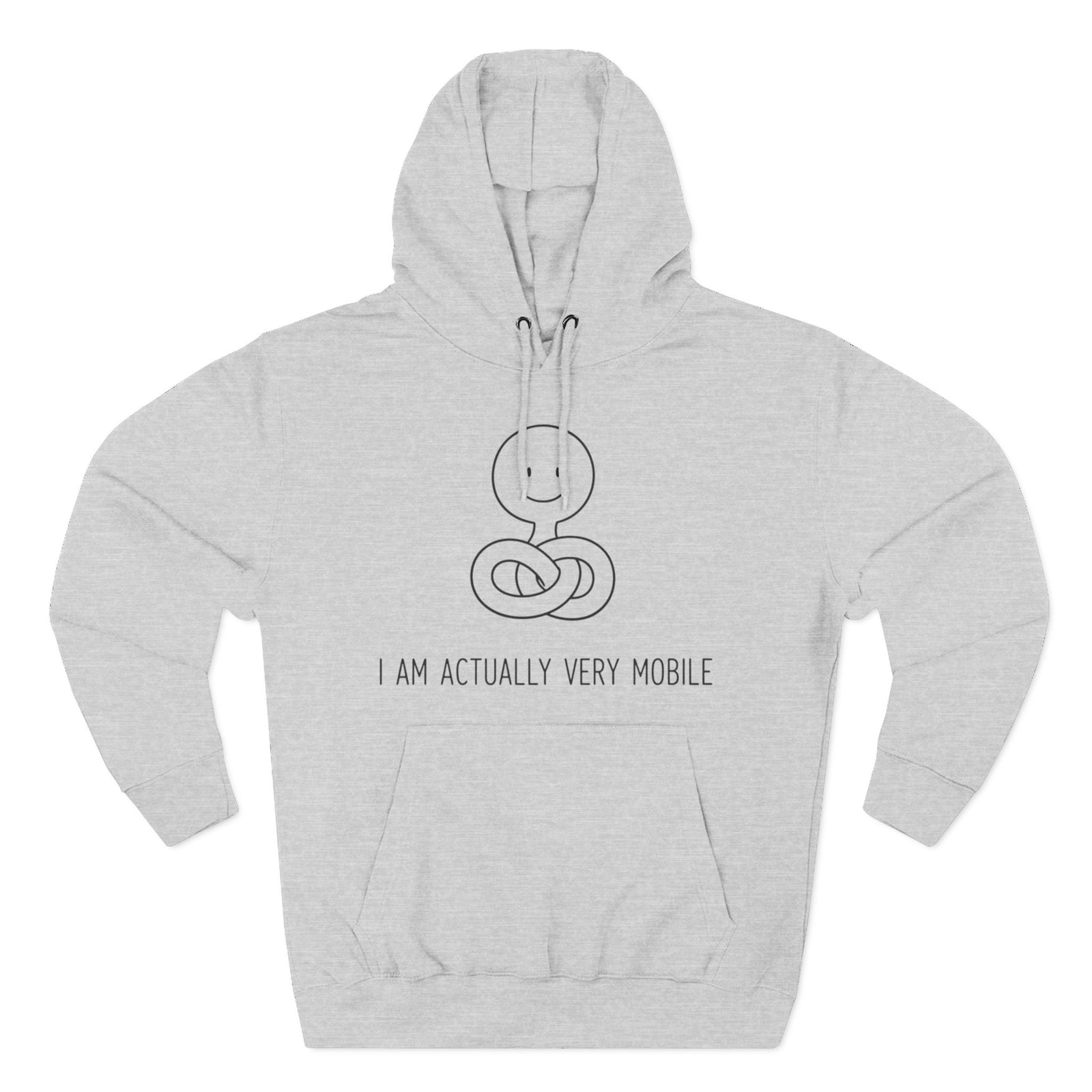 Heather grey hoodie by S&W Gallus with cartoon noodle graphic and "I am actually very mobile" text.