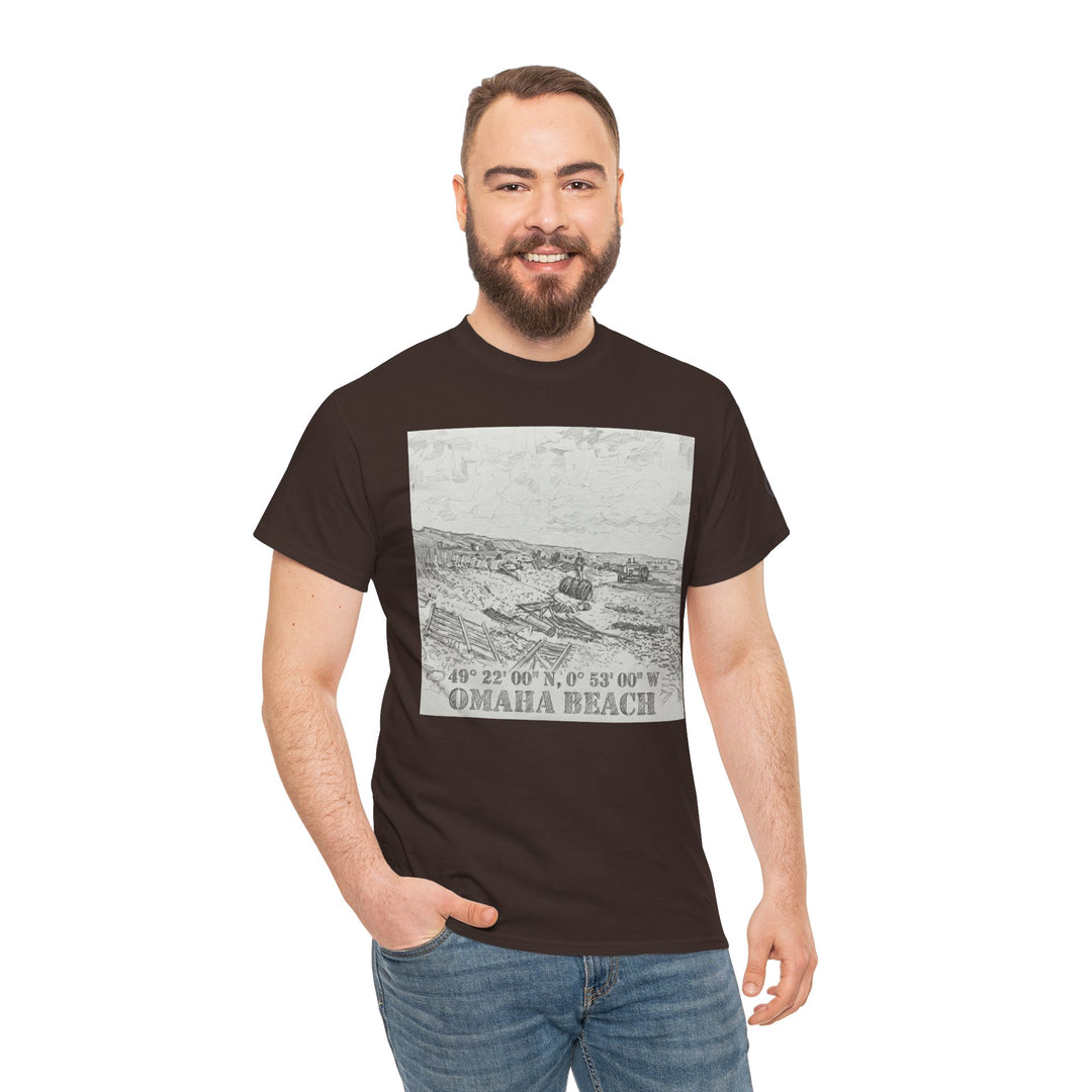 Brown Omaha Beach coordinates tee shirt, Veteran owned, featuring a memorial graphic, worn with blue jeans.