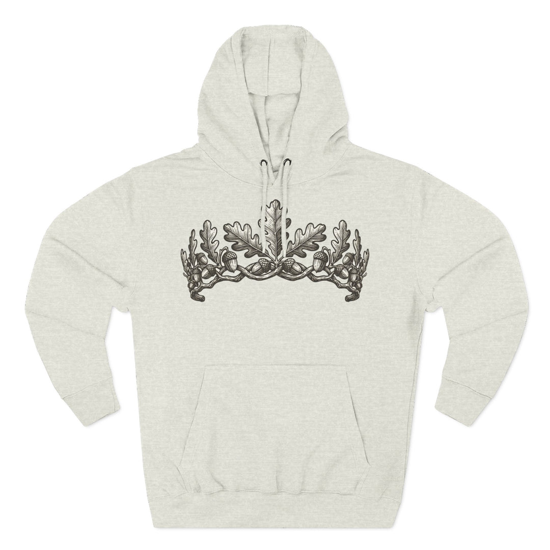 Heather-oatmeal hoodie by S&amp;W Gallus with a crown of oak leaves and acorns.