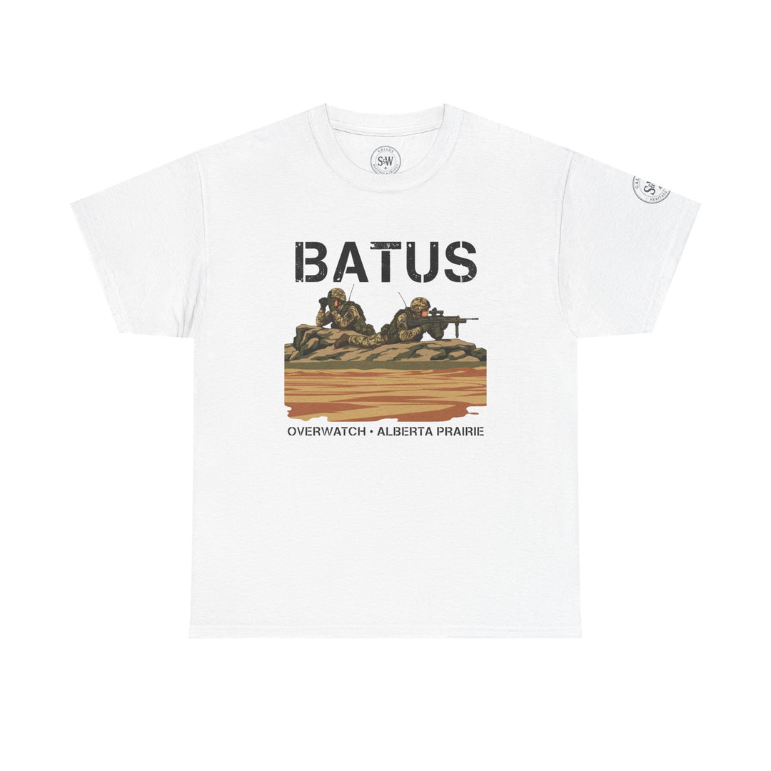 White BATUS T-shirt by S&amp;W Gallus with a military sniper design and "Alberta Prairie" text below.