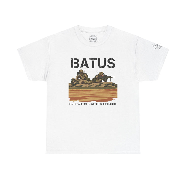 White BATUS T-shirt by S&amp;W Gallus with a military sniper design and "Alberta Prairie" text below.