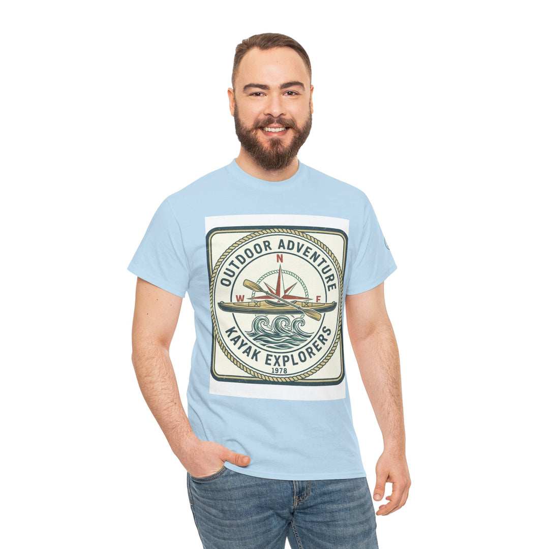 Light blue T-shirt by S&amp;W Gallus with a graphic outdoor adventure logo and worn with blue jeans.