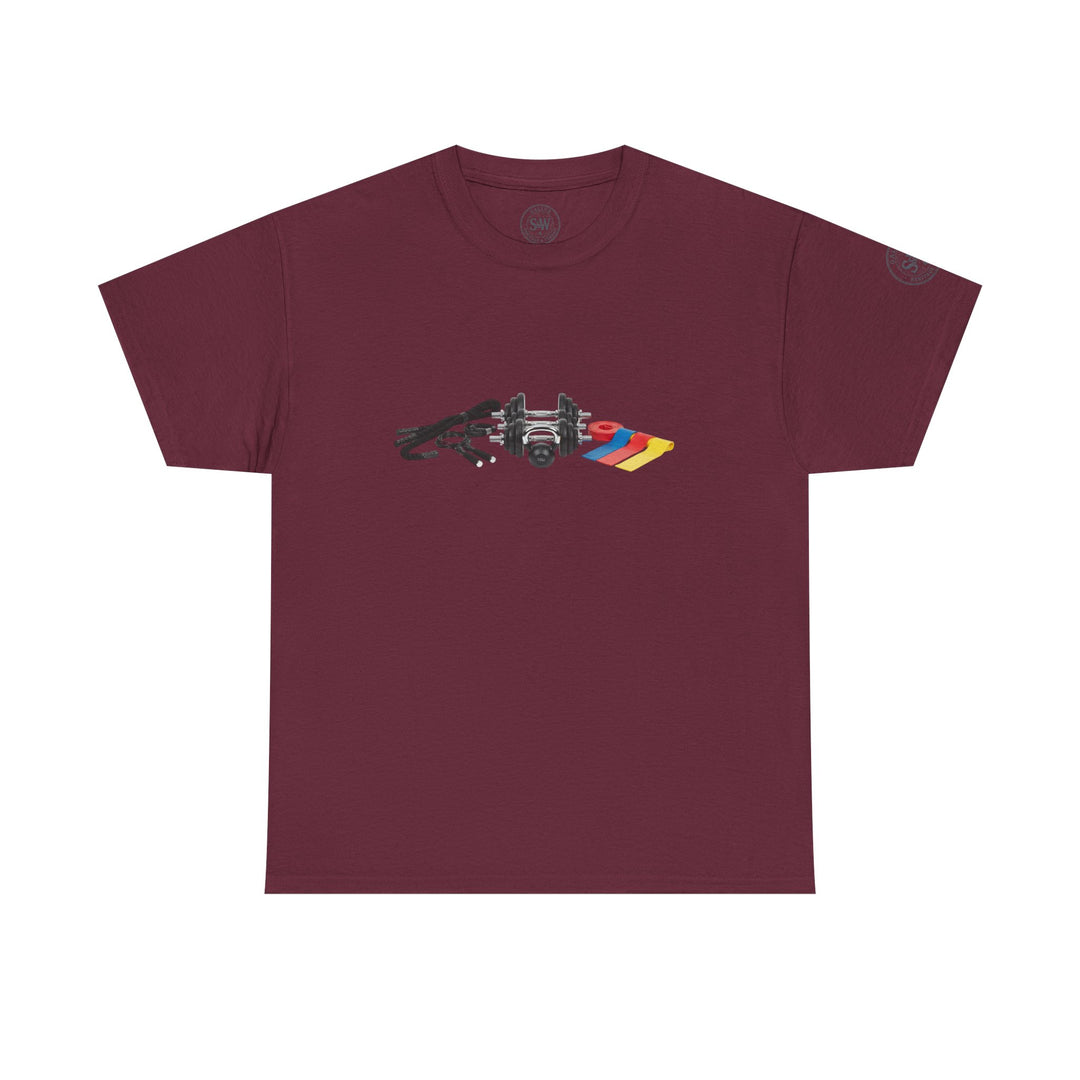 Maroon t-shirt by S&amp;W Gallus, featuring black jump rope, colorful elastic bands, barbell, and small weights.