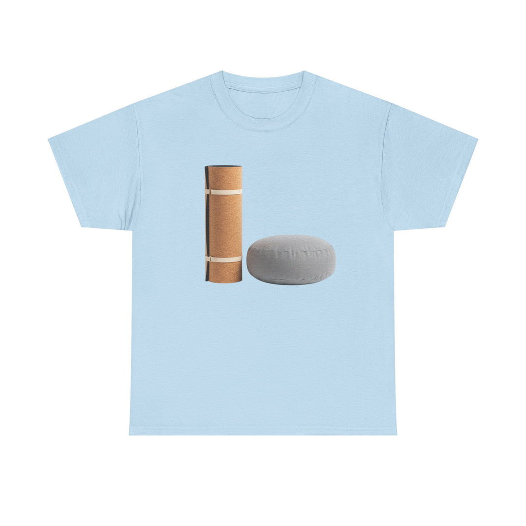 Mat &amp; Meditation Cushion Tee – soft, breathable cotton featuring a yoga-inspired design. Perfect for meditation, studio practice, or mindful everyday wear.