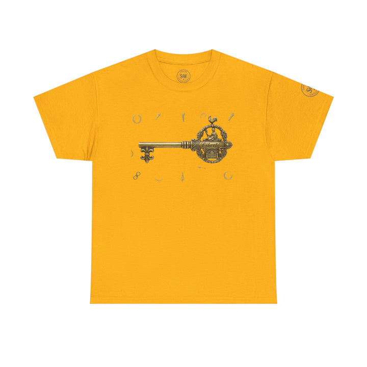 Mustard yellow t-shirt by S&amp;W Gallus, featuring a detailed vintage-style key graphic with ornate embellishments.