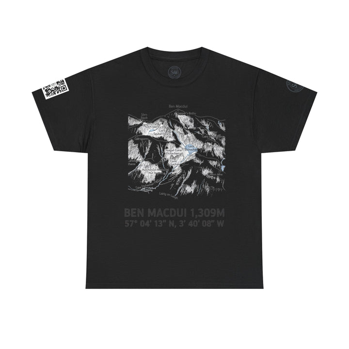 Black Ben Macdui t-shirt from S&amp;W Gallus featuring a map graphic and QR code on the sleeve.