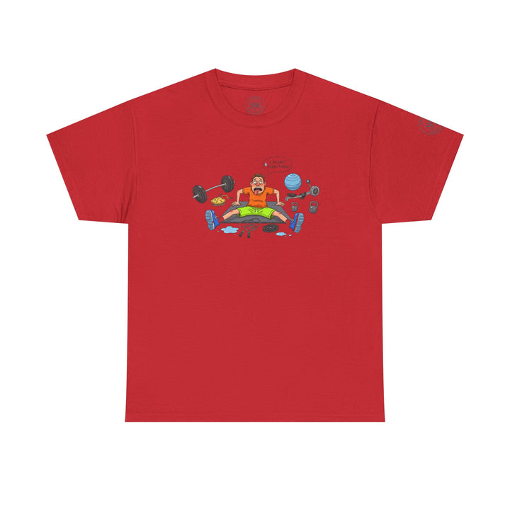 Red t-shirt by S&amp;W Gallus, featuring a cartoon of a tired gym-goer surrounded by equipment.