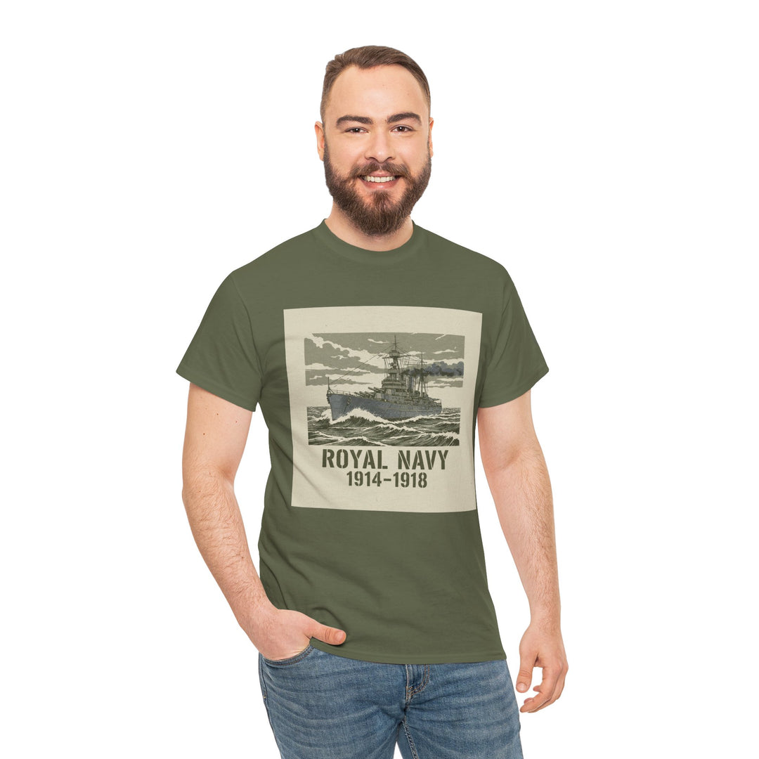 Olive-green graphic t-shirt by S&amp;W Gallus featuring a vintage battleship design with "Royal Navy 1914-1918" text, worn with blue jeans.