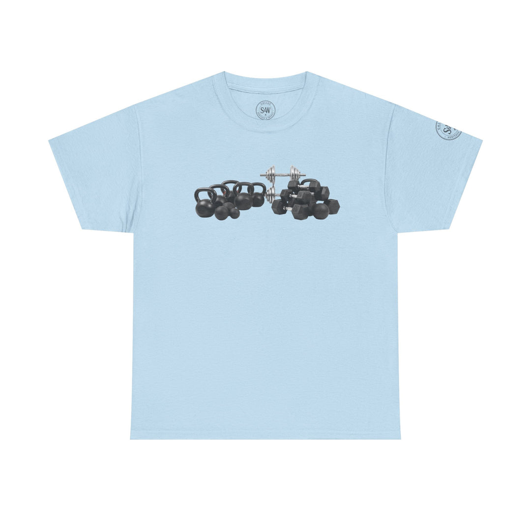 Light blue t-shirt with kettlebell and weightlifting graphic by S&amp;W Gallus, featuring a crew neck and short sleeves.