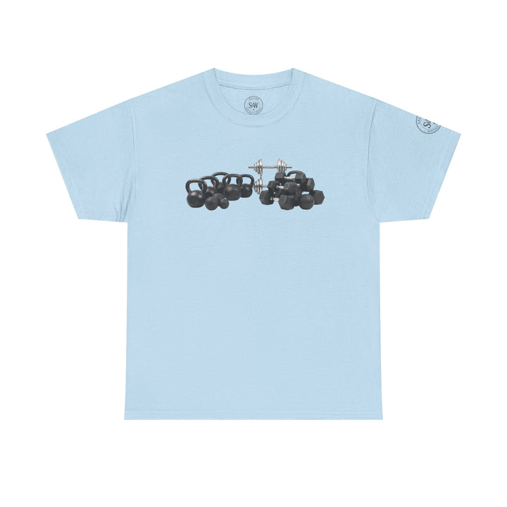 Light blue t-shirt with kettlebell and weightlifting graphic by S&amp;W Gallus, featuring a crew neck and short sleeves.