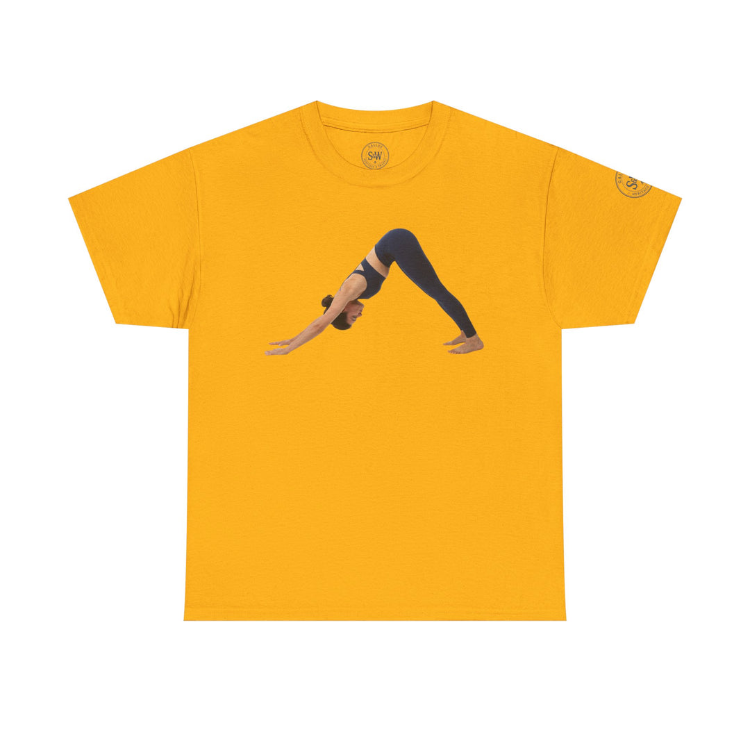 Mustard-yellow t-shirt by S&amp;W Gallus, featuring a woman in downward dog yoga pose, with visible brand label on the sleeve.