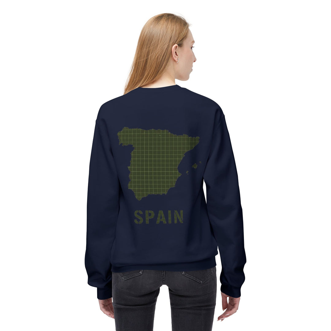 Spain Map Crewneck Sweatshirt — Military Green Grid Spain Graphic