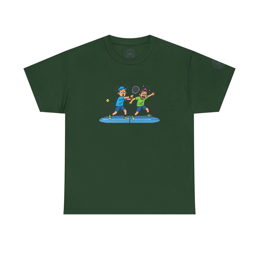 Green graphic tee by S&amp;W Gallus featuring a cartoon image of two boys playing padel.