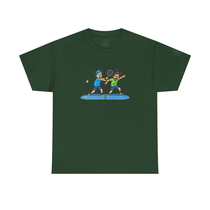 Green graphic tee by S&amp;W Gallus featuring a cartoon image of two boys playing padel.