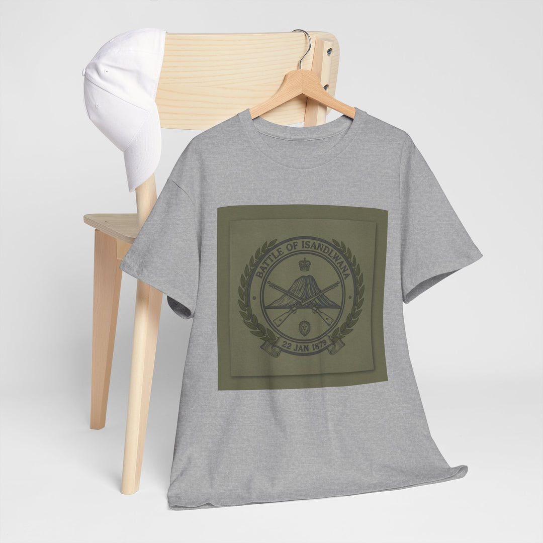 Isandlwana vintage military emblem crewneck T-shirt. Heritage graphic design inspired by historic battlefield legacy.