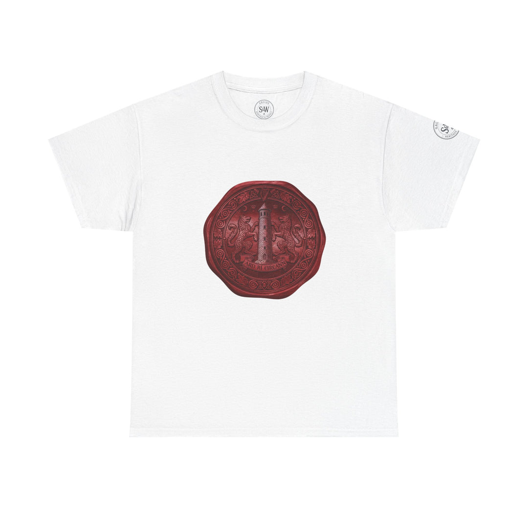 White t-shirt by S&amp;W Gallus, featuring a detailed vintage wax seal graphic on the chest.